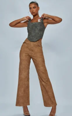 Tan Washed Faux Leather Straight Leg Pants