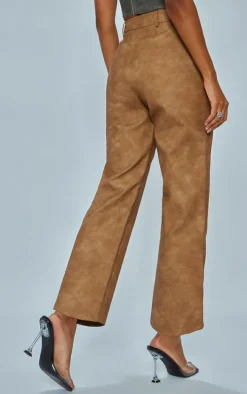 Tan Washed Faux Leather Straight Leg Pants