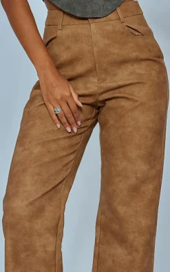 Tan Washed Faux Leather Straight Leg Pants