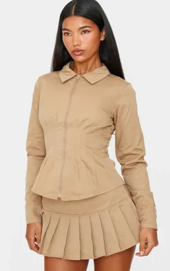 Tan Zip Front Fitted Long Sleeve Jacket