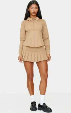 Tan Zip Front Fitted Long Sleeve Jacket