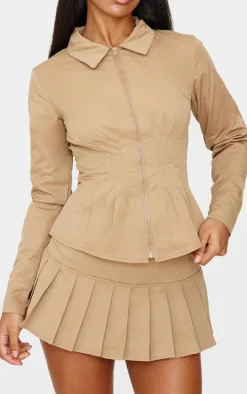 Tan Zip Front Fitted Long Sleeve Jacket