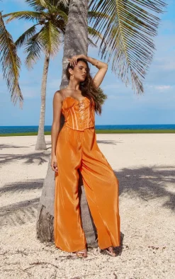 Tangerine Plisse Lace Up Eyelet Detail Strappy Jumpsuit