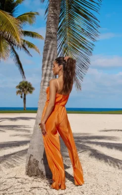 Tangerine Plisse Lace Up Eyelet Detail Strappy Jumpsuit