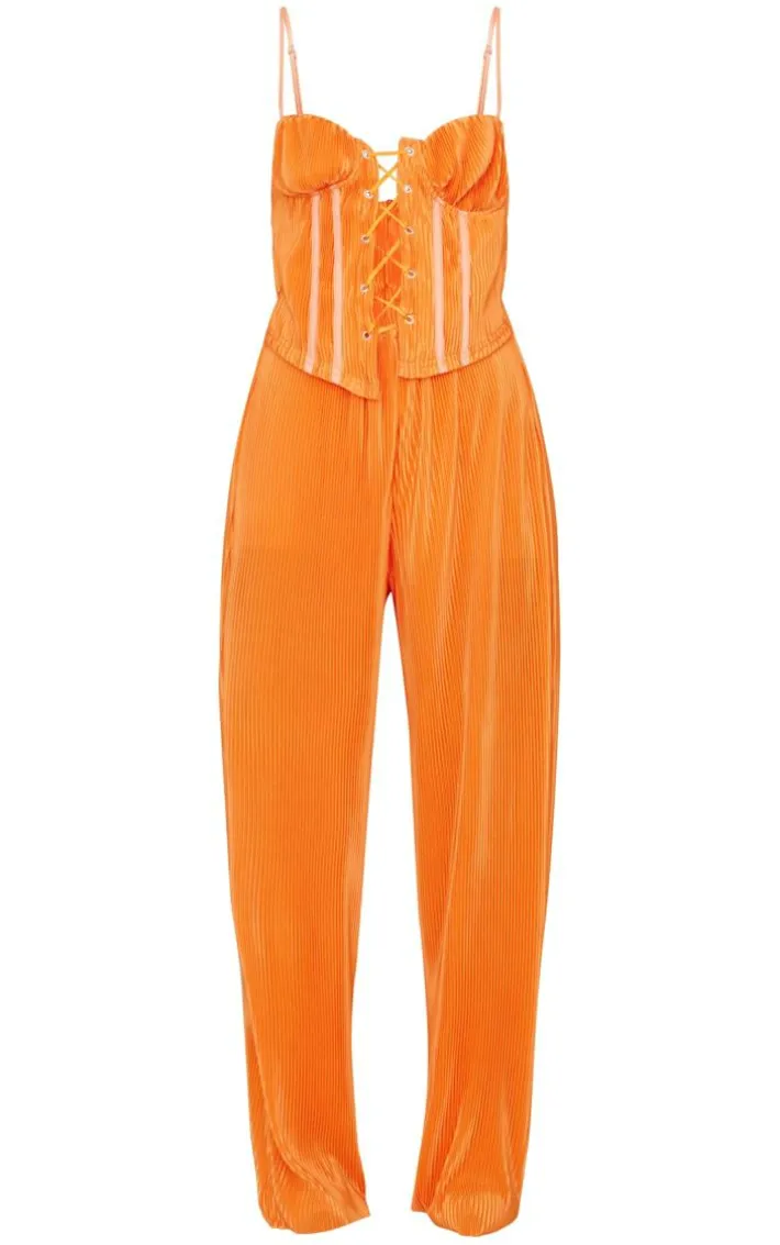 Tangerine Plisse Lace Up Eyelet Detail Strappy Jumpsuit