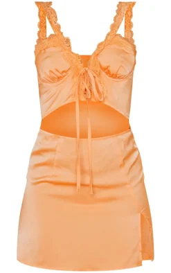Tangerine Satin Lace Asymmetric Strap Tie Detail Shift Dress