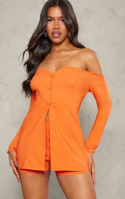 Tangerine Stretch Woven Bardot Button Down Skort Romper