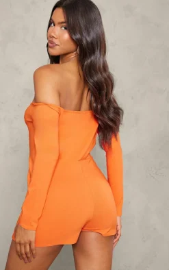 Tangerine Stretch Woven Bardot Button Down Skort Romper