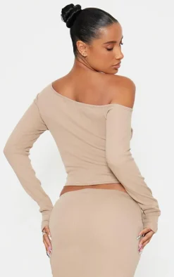 Taupe Asymmetric Neck Rib Long Sleeve Top