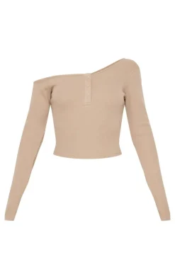 Taupe Asymmetric Neck Rib Long Sleeve Top