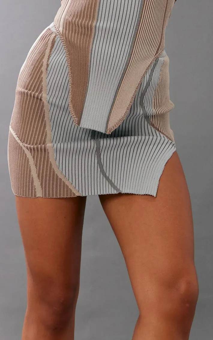 Taupe Asymmetric Two Tone Knit Micro Mini Skirt