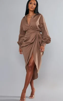 Taupe Balloon Sleeve Gathered Skirt Midi Shirt Dress