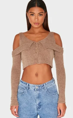 Taupe Boucle Knit Cold Shoulder Button Up Top