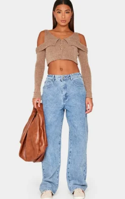 Taupe Boucle Knit Cold Shoulder Button Up Top