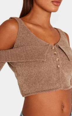 Taupe Boucle Knit Cold Shoulder Button Up Top
