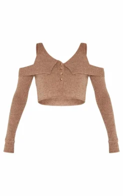 Taupe Boucle Knit Cold Shoulder Button Up Top