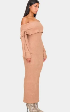 Taupe Brushed Rib Bow Detail Bardot Maxi Dress