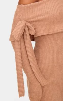 Taupe Brushed Rib Bow Detail Bardot Maxi Dress