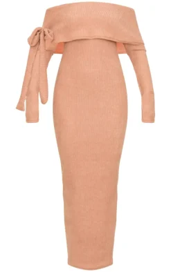 Taupe Brushed Rib Bow Detail Bardot Maxi Dress