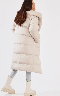 Taupe Chevron Quilted Maxi Puffer Coat