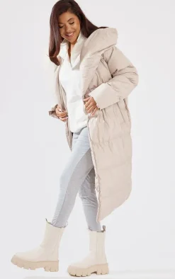 Taupe Chevron Quilted Maxi Puffer Coat
