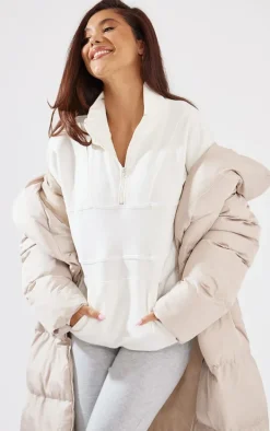 Taupe Chevron Quilted Maxi Puffer Coat