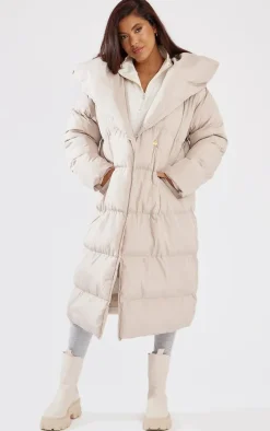 Taupe Chevron Quilted Maxi Puffer Coat