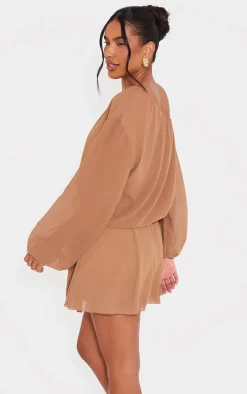 Taupe Chiffon One Shoulder Shift Dress