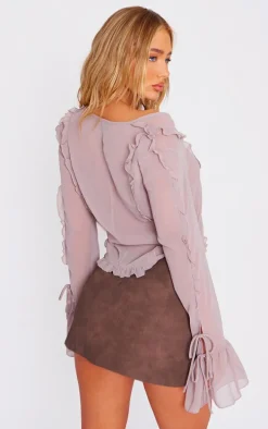 Taupe Chiffon Ruffle Detail Tie Middle Shirt