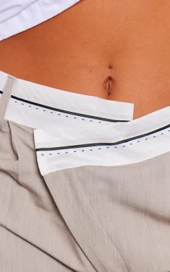 Taupe Contrast Double Waistband Tailored Straight Leg Pants