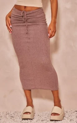 Taupe Contrast Rib Ruched Cut Out Maxi Skirt