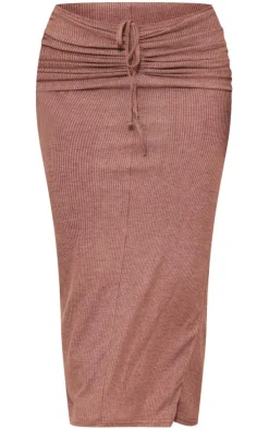 Taupe Contrast Rib Ruched Cut Out Maxi Skirt