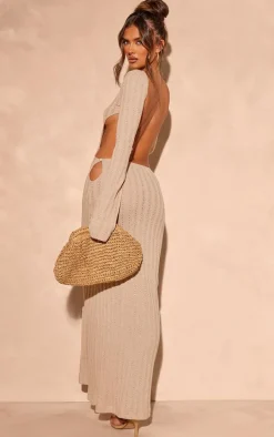 Taupe Crochet Low Back Maxi Dress