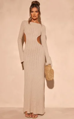 Taupe Crochet Low Back Maxi Dress