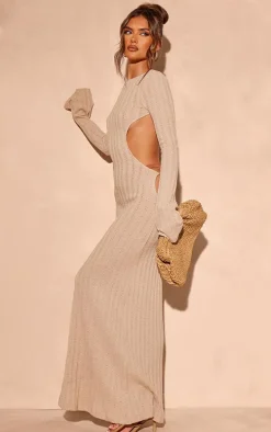 Taupe Crochet Low Back Maxi Dress