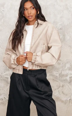 Taupe Distressed Faux Leather Zip Up Bomber Jacket