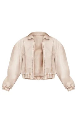 Taupe Distressed Faux Leather Zip Up Bomber Jacket