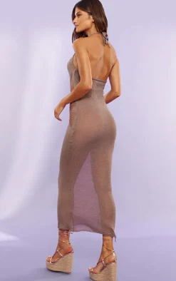 Taupe Distressed Ladder Sheer Knit Dress