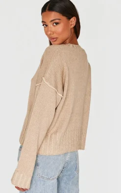 Taupe Exposed Seam Chunky Knit Oversized Sweater