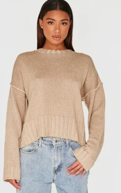 Taupe Exposed Seam Chunky Knit Oversized Sweater
