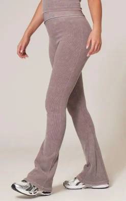 Taupe Faded Snatched Rib Flared Folded Waist Pants