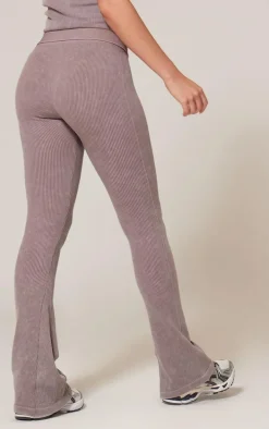 Taupe Faded Snatched Rib Flared Folded Waist Pants