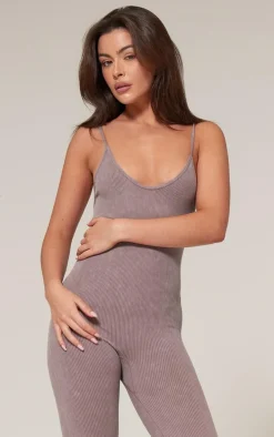 Taupe Faded Snatched Rib Strappy Scoop Back Jumpsuit