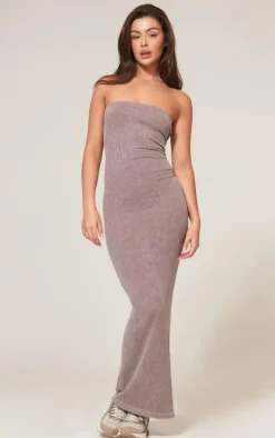 Taupe Faded Snatched Rib Bandeau Midaxi Dress
