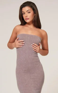 Taupe Faded Snatched Rib Bandeau Midaxi Dress