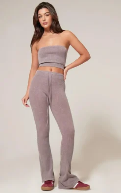 Taupe Faded Snatched Rib Tie Waist Skinny Flare Pants