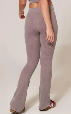 Taupe Faded Snatched Rib Tie Waist Skinny Flare Pants