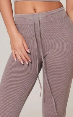 Taupe Faded Snatched Rib Tie Waist Skinny Flare Pants