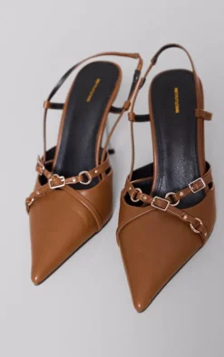 Taupe Faux Leather Point Toe Buckle Strap Sling Back High Heeled Mules