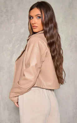 Taupe Faux Leather Zip Up Quilted Shoulder Biker Jacket